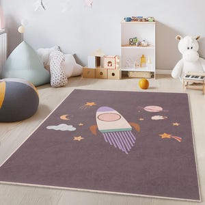 Rocket Adventure Kids Rug, Outer Space Themed Rectangle Rug, Playroom Decor, Galaxy Rug for Children, Nursery Carpet
