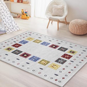 Colorful Geometric Pattern Rectangular Kids Rug, Playroom Rug, Nursery Decor, Soft Area Rug for Children&#39;s Rooms