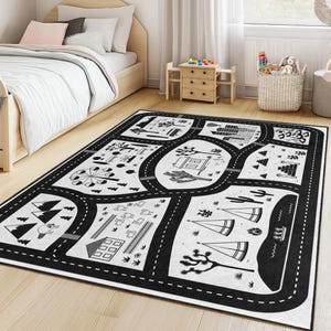 Adventure Road Map kindertapijt, zwart-wit kinderspeelkleed, rechthoekig kindertapijt, leuk speelkamerdecor, zacht kindertapijt