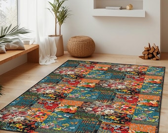 Tapis rectangulaire en patchwork de fleurs colorées, tapis de style vintage pour le salon, décoration d'intérieur confortable, tapis de sol doux