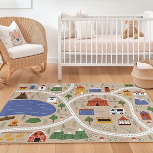 Kleurrijke wegenkaart rechthoek kindertapijt, speels kindertapijt voor speelkamer, zacht vloerkleed voor kinderkamer, leuke kinderkamerinrichting