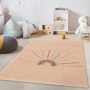 Rainbow Sunshine Play Rug for Kids Room, Colorful Rainbow Carpet, Rectangular Nursery Rug, Baby Play Mat, Kids Room Decor
