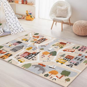 Tapis de jeu City Road pour chambre d'enfant, tapis carte routière coloré, tapis de jeu rectangle, tapis doux pour enfants, décoration de chambre de tout-petit