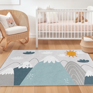 Mountain Adventure Kids Rug, Nature Theme Rectangular Rug, Playroom Decor, Nursery Rug, Kids Bedroom Carpet, Soft Play Mat