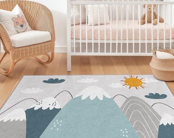 Mountain Adventure Kids Rug, Nature Theme Rectangular Rug, Playroom Decor, Nursery Rug, Kids Bedroom Carpet, Soft Play Mat