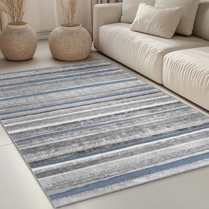 Elegant Striped Area Rug, Rectangle Living Room Carpet, Stylish Home Decor, Modern Grey and Blue Rug, Soft Indoor Rug