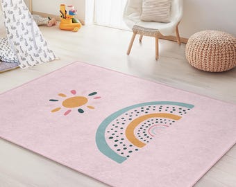 Rainbow and Sun Rectangle Kids Rug, Colorful Playroom Carpet, Nursery Decor, Soft Toddler Rug, Kids Room Accessories