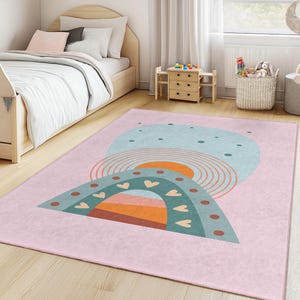 Rainbow Arched Kids Room Rug, Colorful Playroom Carpet, Rectangle Nursery Rug, Soft Children’s Room Decor, Vibrant Kids Mat