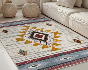 Geometric Patterned Rectangle Rug | Tribal Design Carpet for Living Room | Soft Cotton Area Mat | Stylish Home Decor
