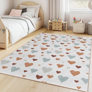 Heart Pattern Rectangular Kids Rug, Soft Nursery Rug, Cute Heart Decor for Kids Room, Playroom Carpet, Baby Room Rug