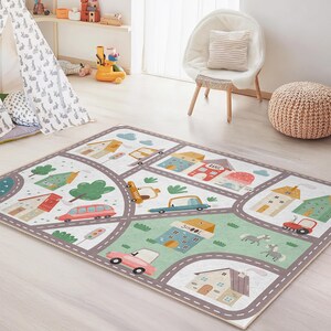 Kleurrijke stadskaart kindertapijt, rechthoektapijt speelkamer, zacht kinderkleed, interactieve speelmat, decor peuterkamer, speelkleed voor kinderen