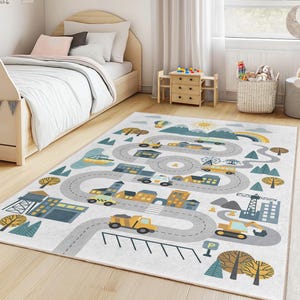 Kleurrijk wegenkaart kindertapijt, interactieve speelmat voor kinderkamer, rechthoekig tapijt voor speelkamer, decoratie kinderkamer