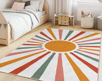 Sunshine Burst Kids Rug, Colorful Nursery Playroom Carpet