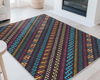 Colorful Geometric Pattern Rectangular Rug | Bohemian Chic Carpet for Living Room | Stylish Area Mat for Home Décor