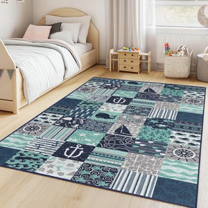 Nautical Themed Rectangle Kids Rug, Ocean Adventure Play Rug, Whale & Sailboat Carpet, Sea Life Nursery Decor