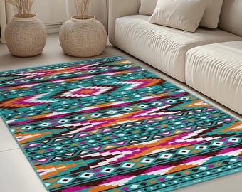 Colorful Geometric Patterned Rectangular Washable Area Rug | Bohemian Chic Home Decor | Vibrant Living Room Carpet | Stylish Tribal Design