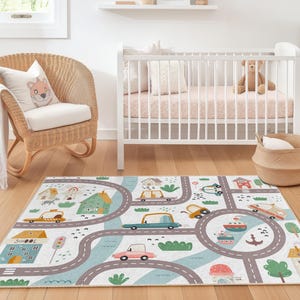 Kleurrijke wegenkaart kindertapijt, rechthoekig speelkleed voor kinderkamer, leuk interactief tapijt, decoratie kinderkamer, speelkamerbenodigdheden