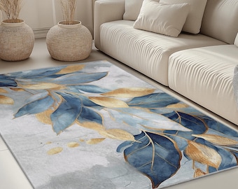 Modern Abstract Area Carpet | Elegant Blue and Gold Leaf Design Rectangle Rug | Soft and Washable Home Decor