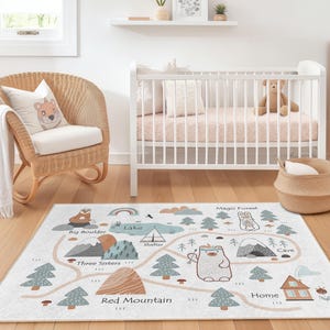 Kindertapijt avonturenkaart, rechthoekig speelkleed, kindertapijt bos- en meerthema, dierenspeelkleed voor kinderkamer en speelkamer