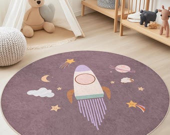 Rocket Space Themed Round Kids Rug, Outer Space Play Mat, Nursery Decor, Playroom Carpet, Soft Round Rug for Children