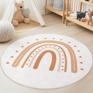 Rainbow Pattern Round Kids Rug, Soft Play Mat for Nursery, Colorful Round Carpet, Toddler Room Decor, Childrens Playroom Rug