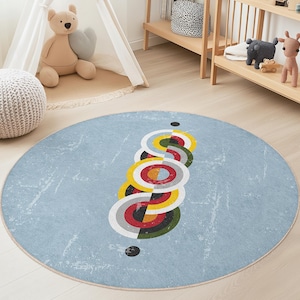 Colorful Circular Kids Room Rug, Playful Round Carpet, Nursery Decor, Soft Play Mat, Modern Kid’s Room Rug, Playroom Accessory