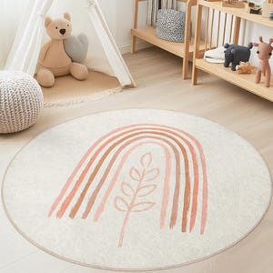 Rainbow and Leaf Pattern Round Kids Rug, Boho Nursery Rug, Soft Play Mat for Child&#39;s Room, Round Carpet for Playroom Decor