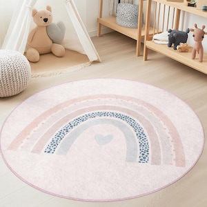 Rainbow Pattern Round Kids Rug, Soft Nursery Carpet, Playroom Mat, Playful Kids Room Decor, Pastel Rainbow Area Rug