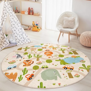 Playful Animal Adventure Round Kids Rug, Safari Theme Rug, Interactive Play Mat for Nursery, Children’s Room Decor