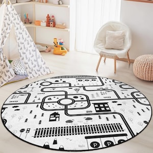 Zwart-wit wegenkaart rond kindertapijt, interactieve speelmat voor speelkamer, kinderkamerinrichting, zachte en gezellige speelruimte