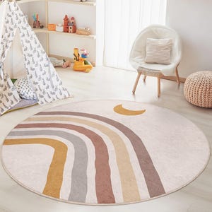 Rainbow Dream Round Kids Area Rug, Soft Circle Carpet for Nursery, Colorful Playroom Decor, Boho Style Children&#39;s Rug
