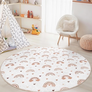 Rainbow Hearts Round Kids Play Rug, Colorful Round Carpet, Nursery Decor, Soft Play Mat, Kids Room Rug, Playroom Accessories