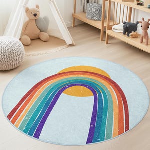 Colorful Rainbow Round Kids Rug, Vibrant Nursery Decor, Round Playroom Rug, Soft Children&#39;s Carpet, Baby Room Mat