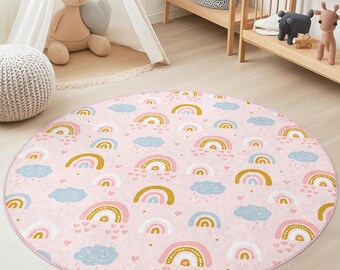 Rainbow Clouds Round Kids Rug, Soft Nursery Carpet, Playroom Decor, Colorful Round Rug for Kids Room, Baby Shower Gift