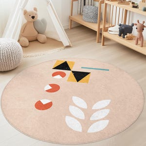 Geometric Pattern Round Kids Rug, Colorful Playroom Mat, Soft Circle Carpet for Children's Room, Modern Nursery Decor