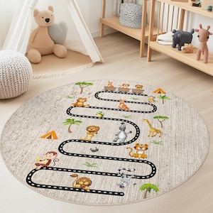 Jungle Adventure Round Kids Play Rug, Animal Theme Play Mat, Soft Round Carpet for Kids Room, Interactive Kids Rug, Nursery Decor