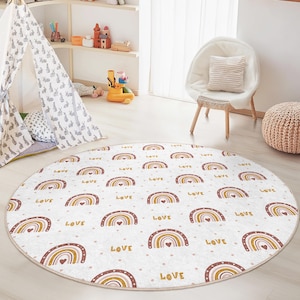 Colorful Rainbow Love Round Kids Rug, Playroom Rug, Nursery Decor, Rainbow Pattern Carpet, Round Play Mat, Kids Room Accent