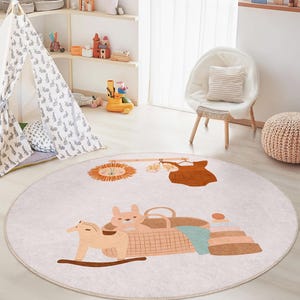 Cute Round Kids Play Rug, Animal Nursery Decor, Playroom Carpet, Soft Round Rug for Children, Baby Room Flooring, Kids Room Mat