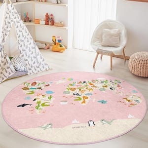 Wereldkaart kinderspeelkleed, rond tapijt dierenavonturen, decoratie babykamer, interactieve speelmat voor kinderen, zacht en gezellig tapijt