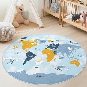 Tapis de jeu rond carte du monde pour enfants, tapis éducatif coloré, décoration de chambre d'enfants, tapis de salle de jeux, tapis de sol pour chambre d'enfant, tapis thème voyage