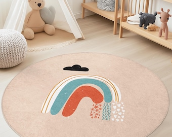 Rainbow Pattern Kids Round Rug, Colorful Playroom Carpet, Soft Nursery Rug, Children's Room Decor, Baby Play Mat, Rainbow Decor
