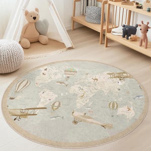 Vintage Weltkarte Rund Teppich, Heißluftballon Kinder Teppich, Reise Thema Kinderzimmer Dekor, Spielzimmer Teppich, Bildungsbereich Teppich