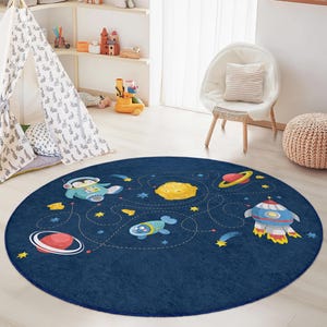 Space Adventure Round Kids Rug, Astronaut Theme Play Mat, Galaxy Decor for Kids Room, Fun Space Carpet, Nursery Play Area