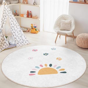 Sunny Floral Round Rug for Kids Room, Cute Flower Play Mat, Nursery Decor, Soft Round Carpet, Kids Playroom Rug