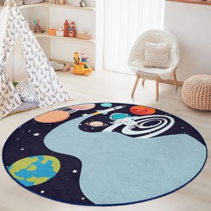 Cosmic Adventure Kids Round Rug, Space Theme Play Mat, Astronaut Rug for Kids Room, Galaxy Decor, Playroom Carpet