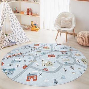 Winter Wonderland Round Play Rug, Kids Playmat with Roads and Houses, Soft Circle Carpet for Children's Room, Nursery Decor
