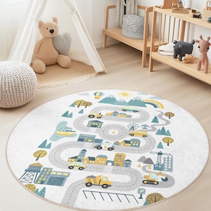 Kleurrijke routekaart rond kinderspeelkleed, interactief kindertapijt, kinderkamerdecoratie, speelkamermat, zacht en gezellig vloerkleed