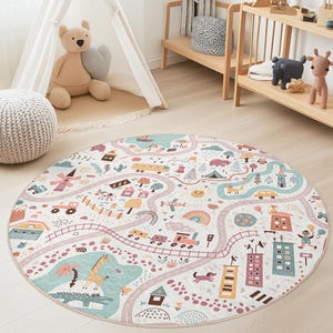 Tapis de jeu rond fantaisiste pour enfants, tapis design carte coloré, tapis doux pour chambre d'enfant, décoration de salle de jeux, tapis de jeu éducatif pour enfants