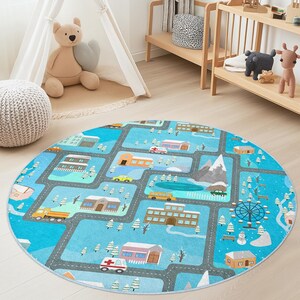 Winter Wunderland Spielteppich für Kinder, Runder Straßenkarte Teppich, Interaktiver Kinder Teppich, Weiche Spielmatte, Kinderzimmer Dekor, Kinderzimmer Teppich