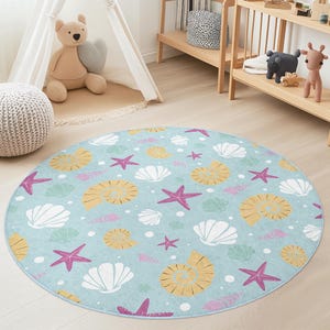 Sea Shells Round Kids Area Rug, Coastal Theme Nursery Rug, Beach Decor for Kids Room, Soft Play Mat for Toddlers